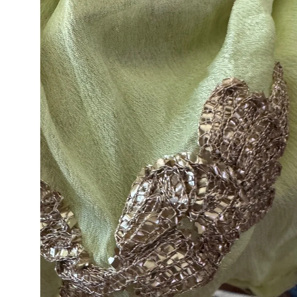 Yellow Gold Embroidered Dupatta Scarf Metallic Lace Wrap Vintage 32x80
